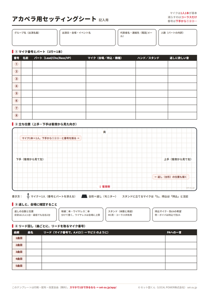 アカペラ用セッティングシート(A4・記入用)のプレビュー。①から⑧までのマイク番号ごとに名前・パート・マイクの機種・ハンドかスタンドか・返しに欲しい音を書く表、方眼の立ち位置の図、返しの台数と有線・ワイヤレスの本数を書く欄、曲ごとにリードを取るマイク番号を書く表