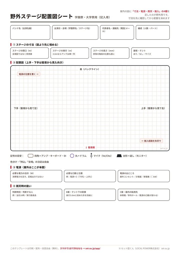 野外ステージ配置図シート(A4・記入用)のプレビュー。ステージの間口・奥行・高さ・屋根の欄、方眼の配置図、必要な電力の合計と口数と電源の出どころの欄、雨天の判断時刻とB案C案の欄