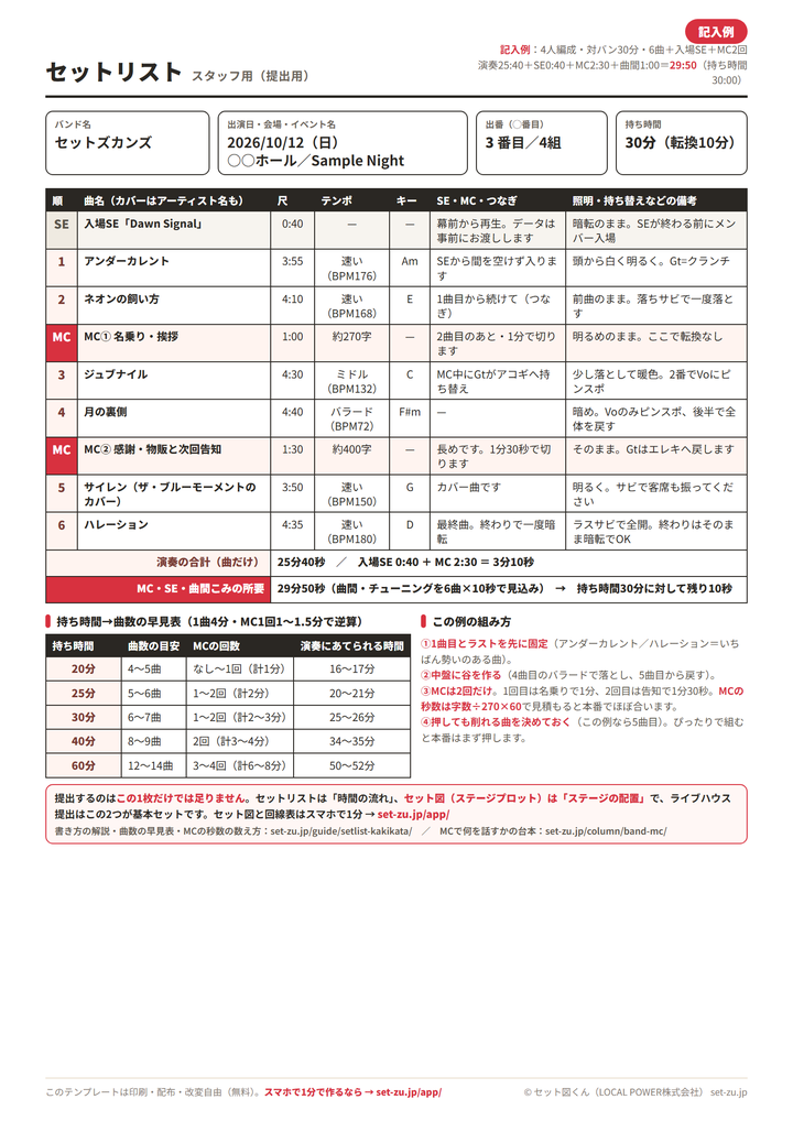 セットリスト テンプレートの記入例。対バン30分・6曲+入場SE+MC2回で、演奏25分40秒・SE40秒・MC2分30秒・曲間1分の合計29分50秒に収めた例