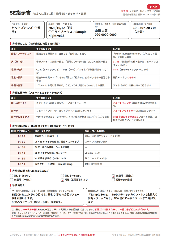 SE指示書の記入例。4人編成・対バン25分・SE登場・既成曲を頭出し編集してCD-Rで持参する場合に、尺1分05秒・フェードイン3秒・Voが手を挙げたらフェードアウト5秒・SE開始からの段取り6行を埋めた例
